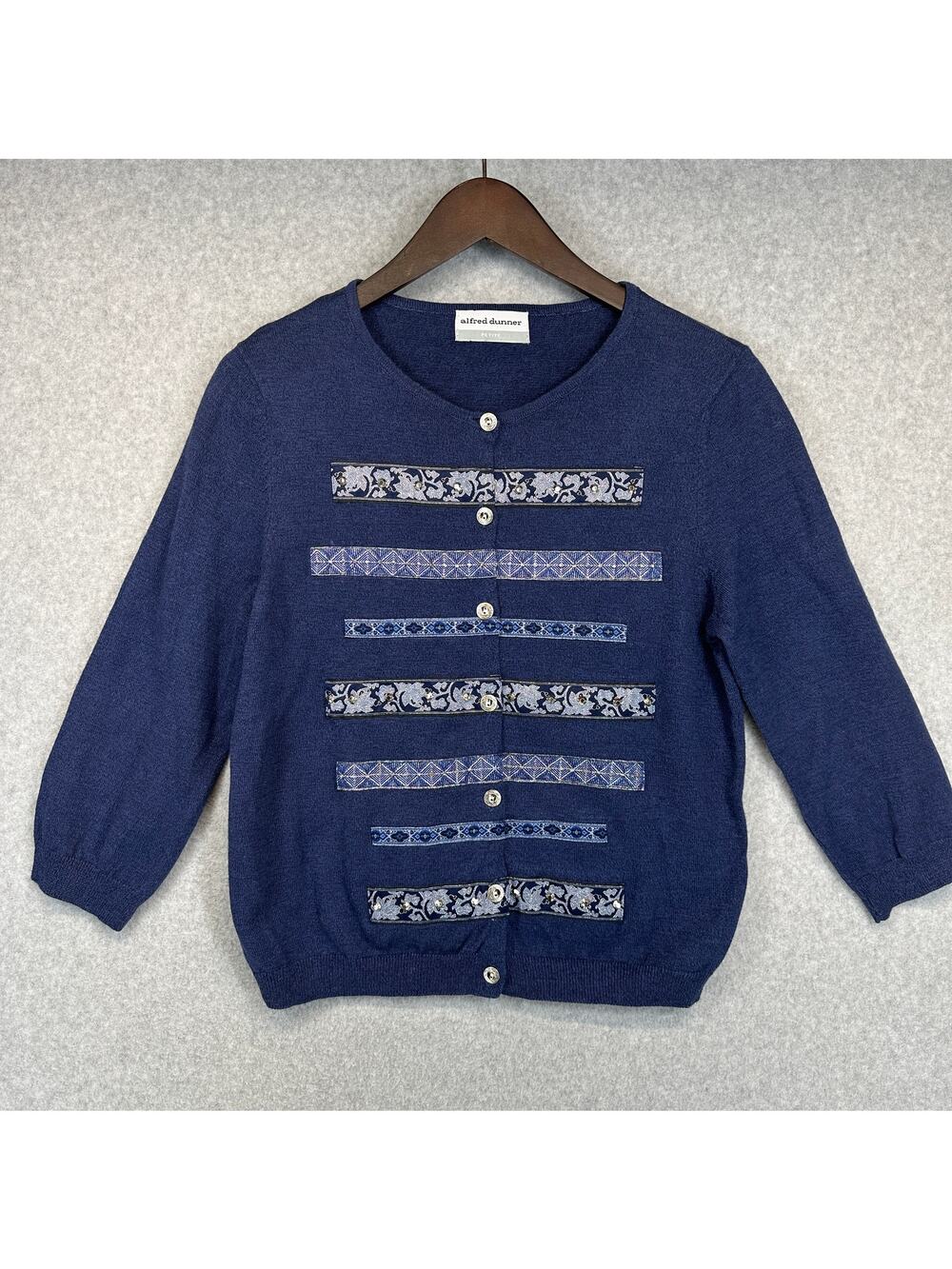 Alfred Dunner Cardigan Sweater Womens Medium Petite Navy Embellished Button Up